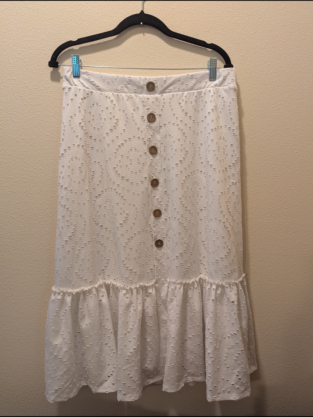 C Est 1946 Button-Front White Eyelet Midi Skirt with Ruffle Hem Size M